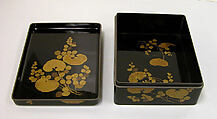 Document Box (Ryōshibako) with Court Carriage and Wild Ginger, Lacquered wood with gold and silver hiramaki‑e, togidashimaki-e, and e-nashiji (“pear-skin picture”), with mother‑of‑pearl inlay on black ground, Japan