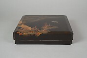 Writing Box with Design of Bird in Flight and a Stream, Tatsuke Takanori (1757–1833), Gold and silver maki-e with colored lacquer on black lacquer, Japan