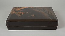 Writing Box with Design of Bird in Flight and a Stream, Tatsuke Takanori (1757–1833), Gold and silver maki-e with colored lacquer on black lacquer, Japan