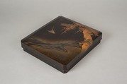 Writing Box with Design of Bird in Flight and a Stream, Tatsuke Takanori (1757–1833), Gold and silver maki-e with colored lacquer on black lacquer, Japan