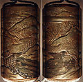 Case (Inrō) with Design of Hilly Landscape with Maple and Cherry Trees beside a River, Lacquer, kinji, gold, silver, black and brown hiramakie, takamakie and togidashi; Interior: nashiji and fundame, Japan