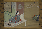 Courtesan Resting on the Veranda, Furuyama Moromasa (Japanese, 1712–1772), Hanging scroll; ink and color on silk, Japan