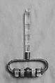 Massage implement, Gilt bronze with four rock crystal and seven carnelian rings strung upon an engraved gilt loop ending in dragon's heads; mounted on a crystal handle., China