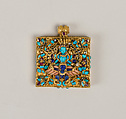 Amulet case with Vishnu Riding Garuda, Gold, rubies, sapphires, emeralds, pearls, zircon, coral, lapis lazuli, and turquoise, Nepal