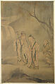 Scholars Strolling by the Waterfall, Unidentified artist, Album leaf; ink and color on silk, Korea
