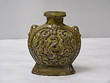 Flask with molded decoration, Stoneware with molded decoration under olive-yellow glaze, China