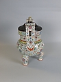 Tripod incense burner with Buddhist auspicious symbols, Porcelain painted in overglaze polychrome enamels (Jingdezhen ware), wooden cover with jade knob, China