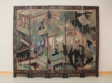 Screen, Five-panel folding screen; lacquer on wood, colors and gold, China