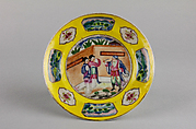 Dish with figures, Porcelain painted in overglaze polychrome enamels (Jingdezhen ware), enamels painted in Canton, China