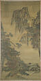 Viewing a waterfall from a mountain pavilion, Li Yin (Chinese, active second half of the 17th–early 18th century), Hanging scroll; ink and color on silk, China