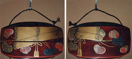 Case (Inrō) with Design of Aoi Leaves and Plant beneath Partly Rolled-up Bamboo Blind, Lacquer, dark red, gold, red and silver hiramakie, raden inlay; Interior: roiro and fundame, Japan
