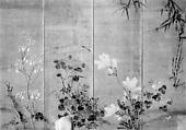 Flowers and Bamboo, Four-panel folding screen; ink and color on paper, Japan