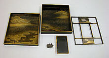 Writing Box (Suzuribako) with Screen, Robe Rack, and Shell-Matching Game Set, Lacquered wood with gold, silver takamaki-e, hiramaki-e, togidashimaki-e, red lacquer on black ground, Japan