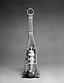 Holy water bottle and tapestry case, Bottle: silver gilt with copper; case: silk, metallic thread, Tibet