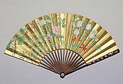 Summer Flowers, Unidentified artist Chinese, 18th century, Folding fan; ink and color on gold paper with bamboo frame inlaid with mother-of-pearl, ivory and jade, China
