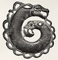 Plaque in the Shape of a Coiled, Two-Headed Animal, Gilt bronze, North China