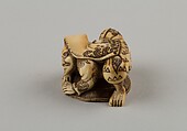 Netsuke of a Hunter Trying to Catch a Fox Beneath a Straw Hat, Shūōsai, Ivory, Japan