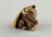 Netsuke of Seated Tiger with a Curled-up Tail Across its Back, Ivory, horn, Japan