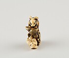 Netsuke of Two Rabbits and a Rock, Mitsuharu, Ivory; coral and horn inlay, Japan
