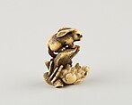 Netsuke of Two Rabbits and a Rock, Mitsuharu, Ivory; coral and horn inlay, Japan