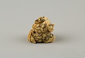 Netsuke of Okame Holding a Mask, Ivory, Japan
