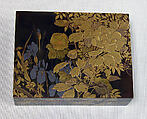 Box for Incense with Design of Peonies, Iris, Morning Glories, and Wisteria, Kajikawa School, Gold and silver maki-e on black lacquer, Japan