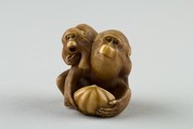 Netsuke of a Female Monkey Holding a Nut while her Baby Crawls on her Back, Masatami, Ivory, horn, Japan