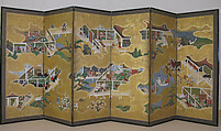 Scenes from the Tale of Genji, Six-panel folding screen; ink, color, and gold on paper, Japan