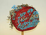 Hat, (a) silk, feathers, glass, metal, stone
(b, c) metal, feathers, paint, glass
(d–f) paper, silk, China