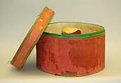Hat, (a) silk, feathers, glass, metal, stone
(b, c) metal, feathers, paint, glass
(d–f) paper, silk, China