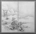 Landscape after Li Bai's poem, After Ike no Taiga (Japanese, 1723–1776), Pair of two-panel screens, originally sliding-door panels; ink on paper, Japan