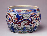 Barrel-Shaped Jar, Porcelain painted in underglaze blue and overglaze polychrome enamels, China