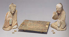 Pair of Seated Figures Playing Liubo, Earthenware with pigment, China