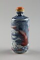 Snuff bottle with theatrical scene, Porcelain with underglaze red and blue, coral stopper, China