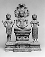 Naga-Protected Buddha Flanked by Avalokiteshvara and Prajnaparamita, Bronze, Thailand or Cambodia