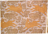 Panel with Rabbits amid Clouds, Simple gauze and plain weave silk with supplementary metal thread brocade patterning, China