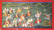 Maharana Sangram Singh II Hunts Hares at Naramangra
, Unidentified artist, Ink, opaque watercolor, and gold on paper, Western India, Rajasthan, Udaipur