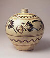 Bottle with abstract flowers and leaves

, Stoneware painted in brown on white slip under transparent glaze (Cizhou ware), China