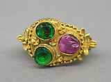 Ring with Bezel of Three Stones and Foliate Designs, Gold with stones, Indonesia (Java)