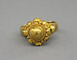 Ring with Large Central Boss Flanked by Series of Same, Gold, Indonesia (Java)