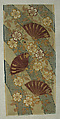 Piece from a Kosode with Fans and Cherry Blossoms, Shibori-dyed silk satin damask (rinzu) embroidered with silk and metallic thread, Japan