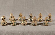 Set of Ten Gourd-Shaped Vessels with Reed Design, Stoneware with overglaze enamels and gold (Kyoto ware), Japan