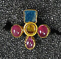 Earring, Quatreform with Rubies, Gold, Indonesia (Central Java)