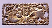 Belt Buckle with Wolf and Ram, Gilded bronze, North China