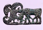 Belt Buckle with Raptor Attacking a Goat, Bronze, Inner Mongolia