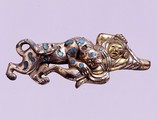 Belt Hook in the Shape of a Warrior and a Leopard, Gilt bronze with inlaid turquoise, North China