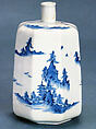 Octagonal Sake Bottle with Landscape Design, Porcelain with underglaze blue landscape (Hirado ware), Japan