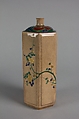 Bottle Decorated with "Three Friends" Pine, Bamboo and Plum, Stoneware, cream colored glaze; red, green and blue enamels with gold (Kyoto ware, Kokiyomizu style), Japan