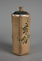 Bottle Decorated with "Three Friends" Pine, Bamboo and Plum, Stoneware, cream colored glaze; red, green and blue enamels with gold (Kyoto ware, Kokiyomizu style), Japan