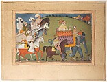 Maharaja Raj Singh in Procession with Members of His Court, Attributed to Nihal Chand, Ink, opaque watercolor, and gold on paper, India (Rajasthan, Junia)